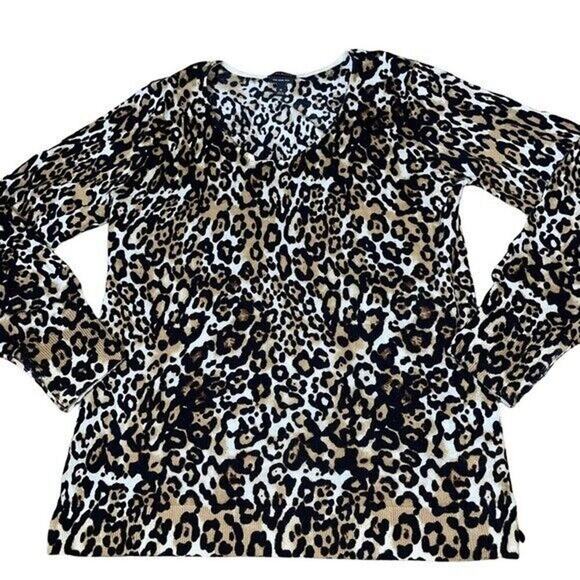 Talbots Extra-fine yarns Soft Merino V-Neck Sweater - Leopard Print SZ M - Picture 7 of 9